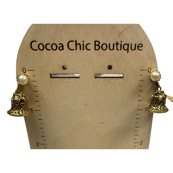 Rare Vintage Gold Tone Jingle Bell and Faux Pearl Dangle Clip on Earrings Christ - Picture 4 of 4